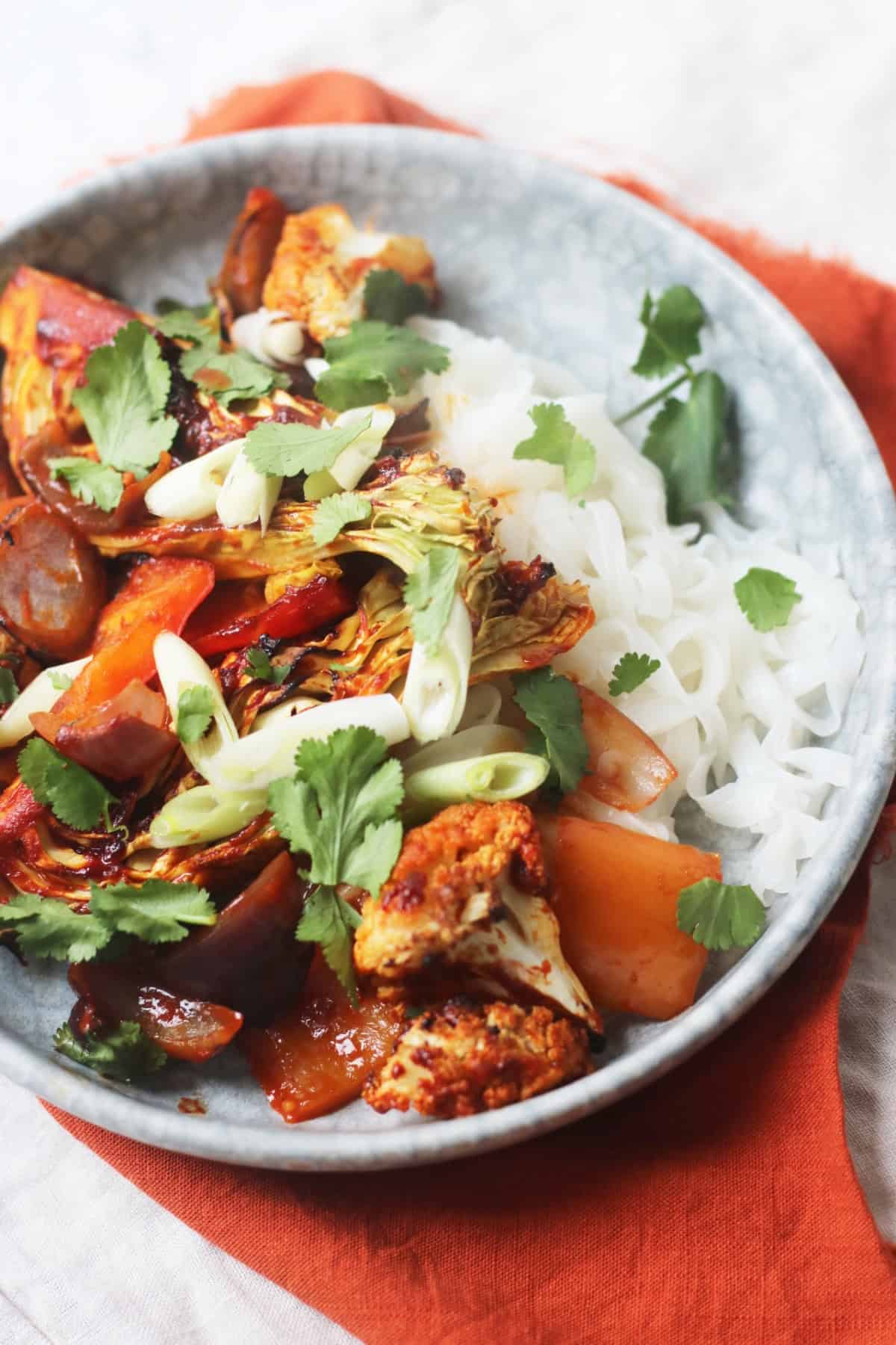 Vegan Gochujang Vegetable Traybake with Rice Noodles