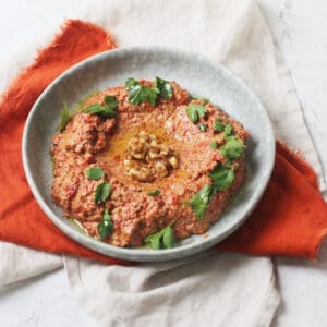 Muhammara, a roasted red pepper and walnut dip served with walnut halves and parsley on a pale blue plate with an orange napkin