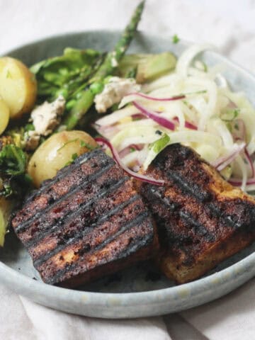 Chargrilled Vegan Tofu Steaks served with salad