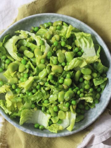 Pea and Broad Bean Salad with Little Gem Lettuce and Fresh Mint dressed with Dijon Mustard Dressing served on a light blue plate on top of a green napkin.