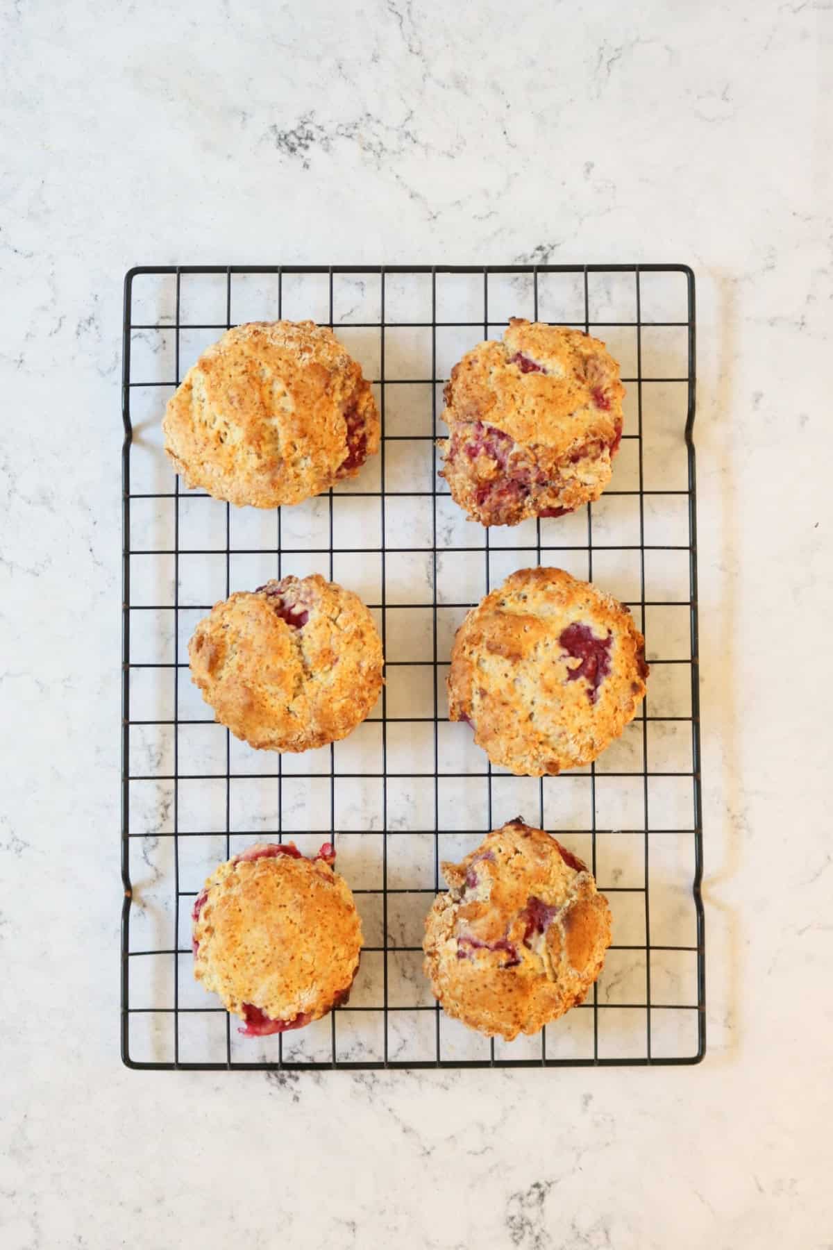 Vegan Raspberry and Lemon Scones out of the oven, cooling on a wire rack