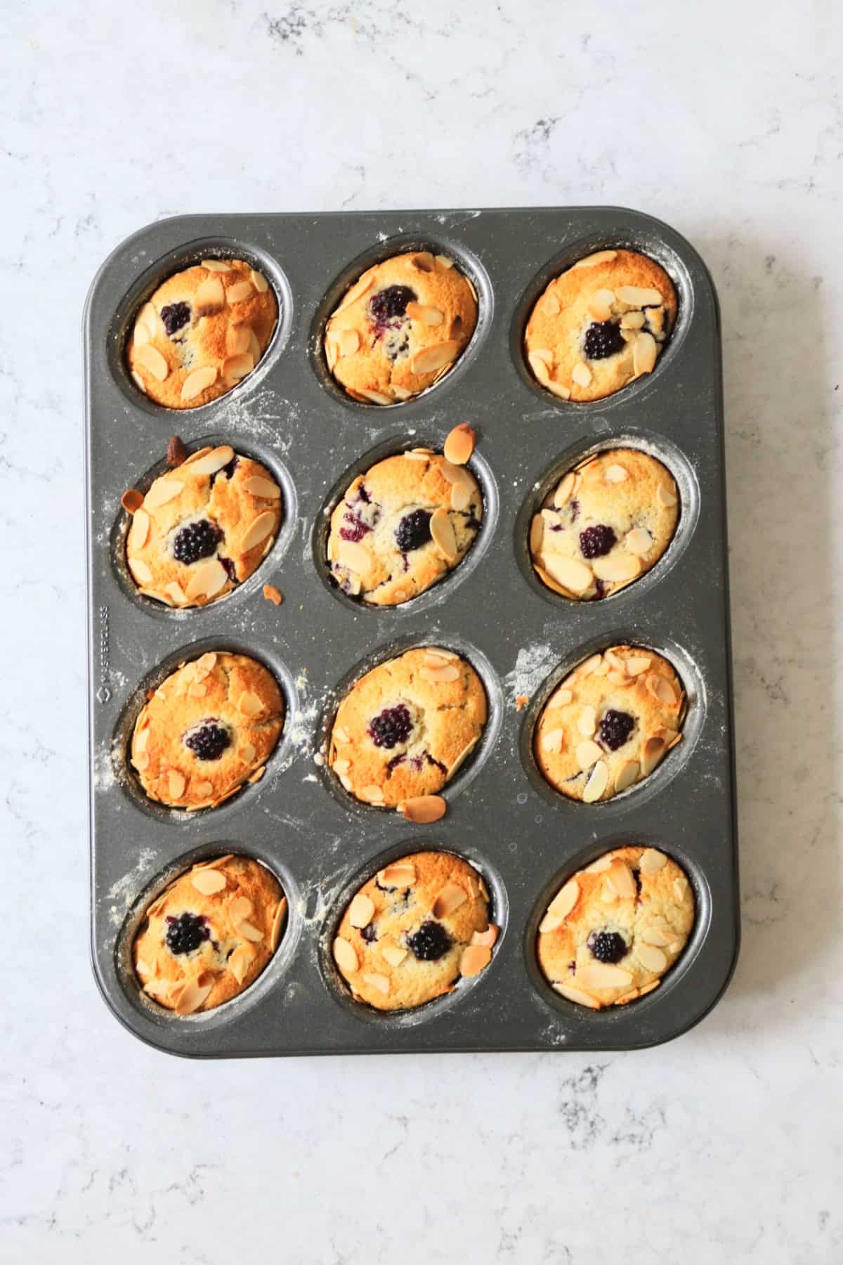 Twelve freshly baked Vegan Blackberry and Orange Friands in their tin