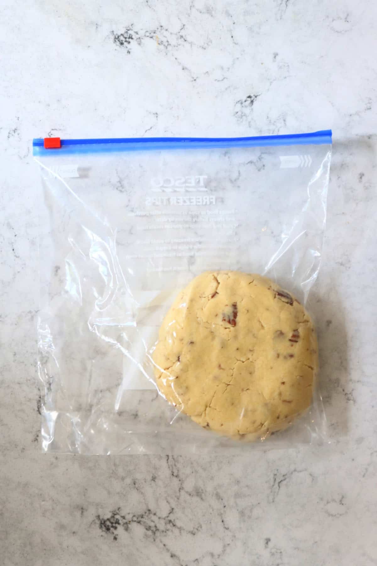A flattened ball of Vegan Pumpkin Spice and Pecan Cookie dough in a Ziploc bag ready to be chilled before rolling out