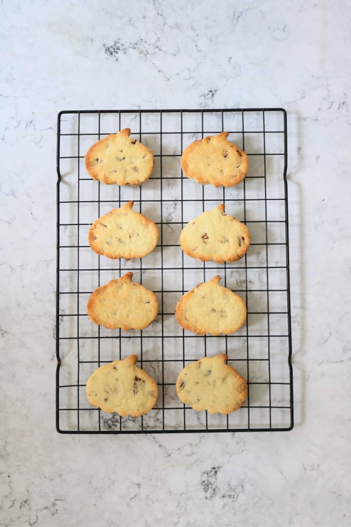 Baked Vegan Pumpkin Spice and Pecan Cookies laid out on a wire rack to cool before decorating